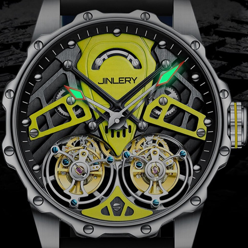 hands detail Jinlery Double Tourbillon Skeleton Mechanical Watch from fiveto.co.uk