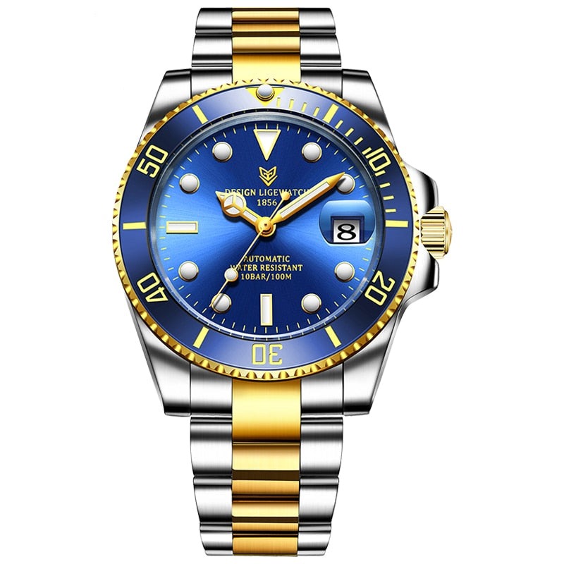 Blue and Gold Lige 6801 Automatic Mechanical Sapphire Glass 316L Stainless Steel Watch from FiveTo.co.uk