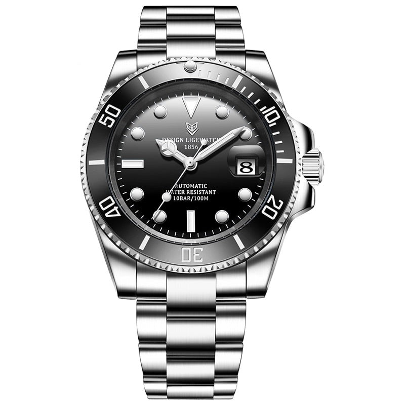 Black Lige 6801 Automatic Mechanical Sapphire Glass 316L Stainless Steel Watch from FiveTo.co.uk
