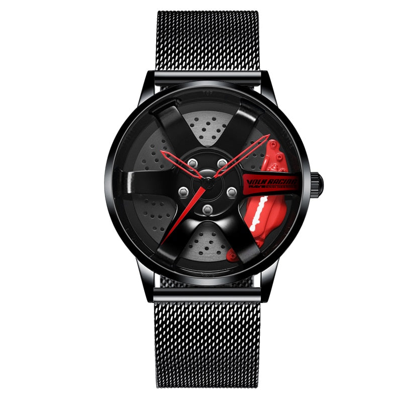 Black with mesh strap Sports car alloy wheel style watch in the style of your favourite car manufacturer from Fiveto.co.uk