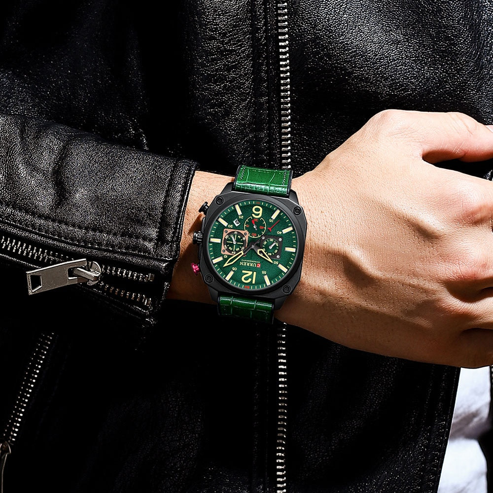 Curren 9398 Quartz Chronograph with Leather Strap Green