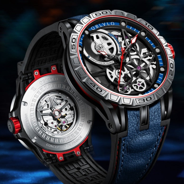 Front and rear view of Oblvlo LM Skeleton Sport, Automatic Self-Wind Mechanical Watch from fiveto.co.uk