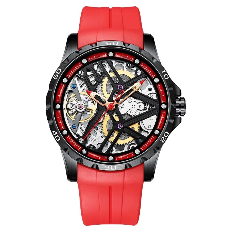 Black/Red Ailang Mechanical Automatic Skeleton Watch with Silicone Strap from fiveto.co.uk