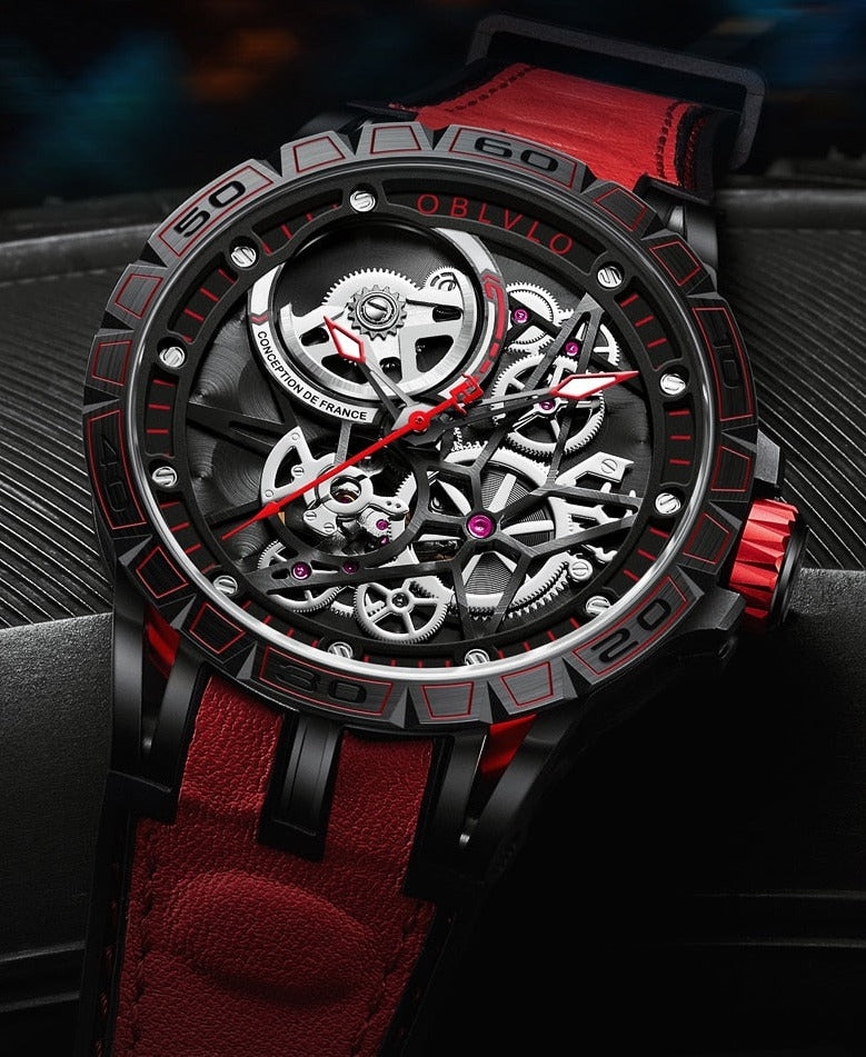 Red angled view of Oblvlo LM Skeleton Sport, Automatic Self-Wind Mechanical Watch from fiveto.co.uk