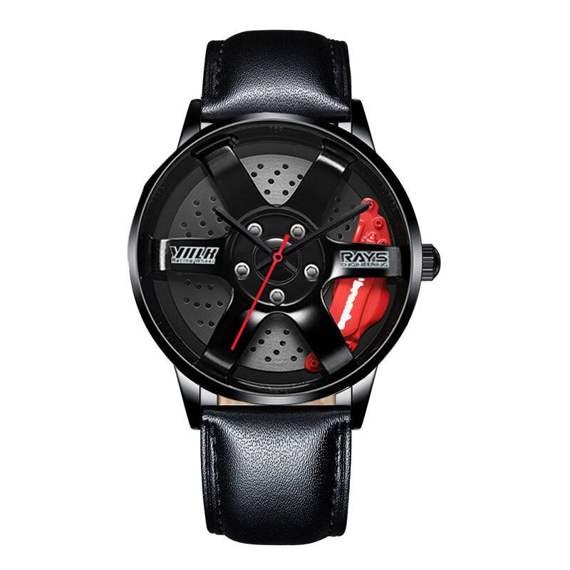 Black Sports car alloy wheel style watch in the style of your favourite car manufacturer with leather strap from Fiveto.co.uk