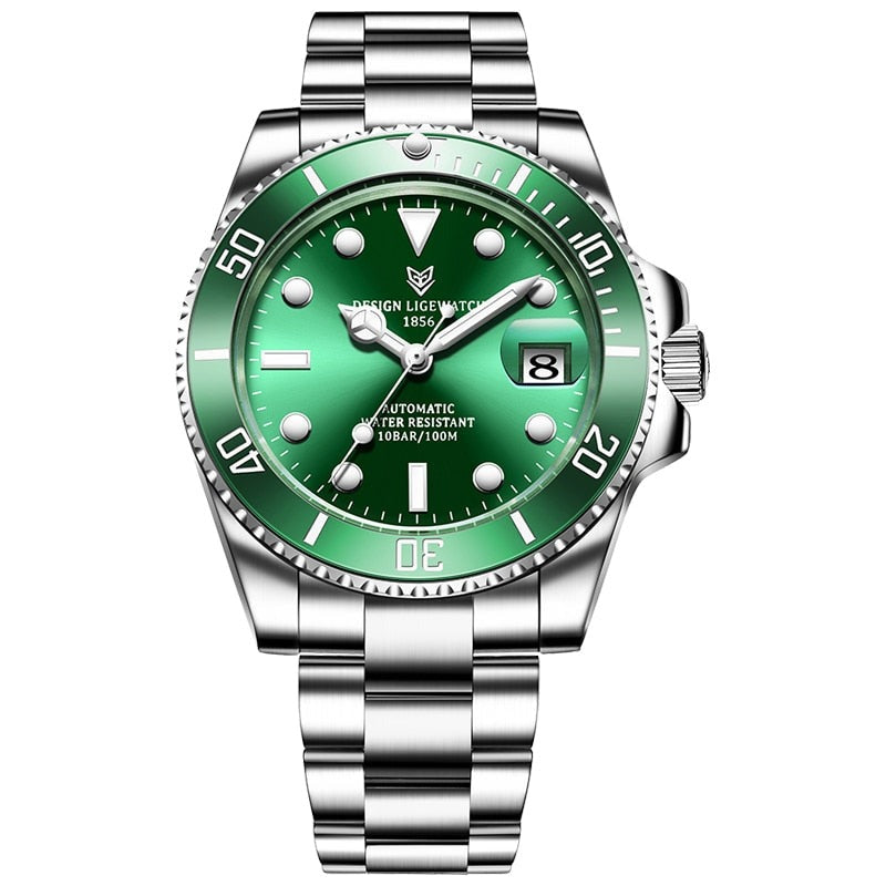 Green Lige 6801 Automatic Mechanical Sapphire Glass 316L Stainless Steel Watch from FiveTo.co.uk