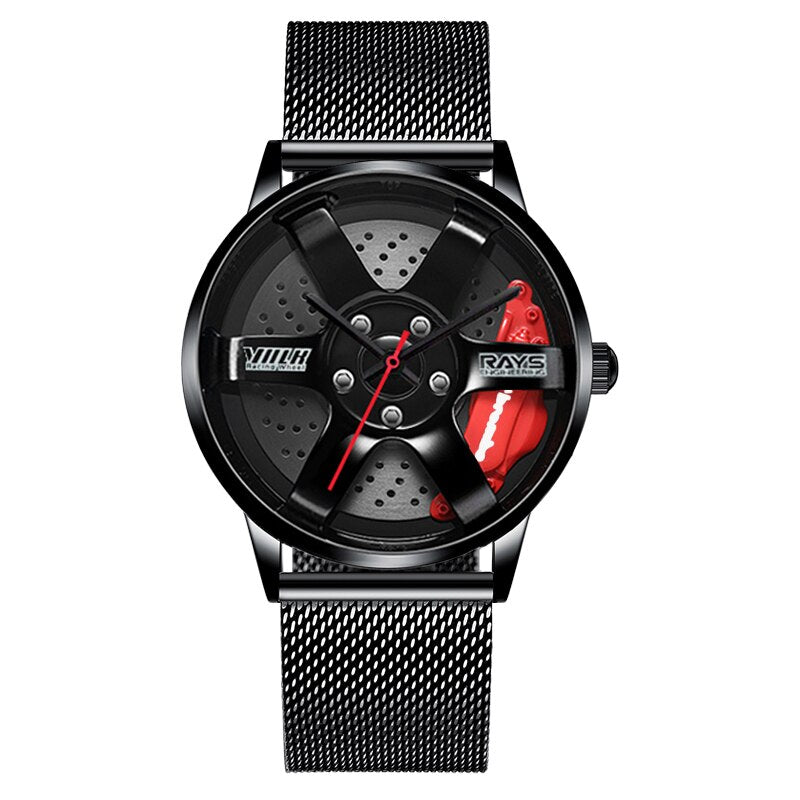 Black with mesh strap Sports car alloy wheel style watch in the style of your favourite car manufacturer from Fiveto.co.uk
