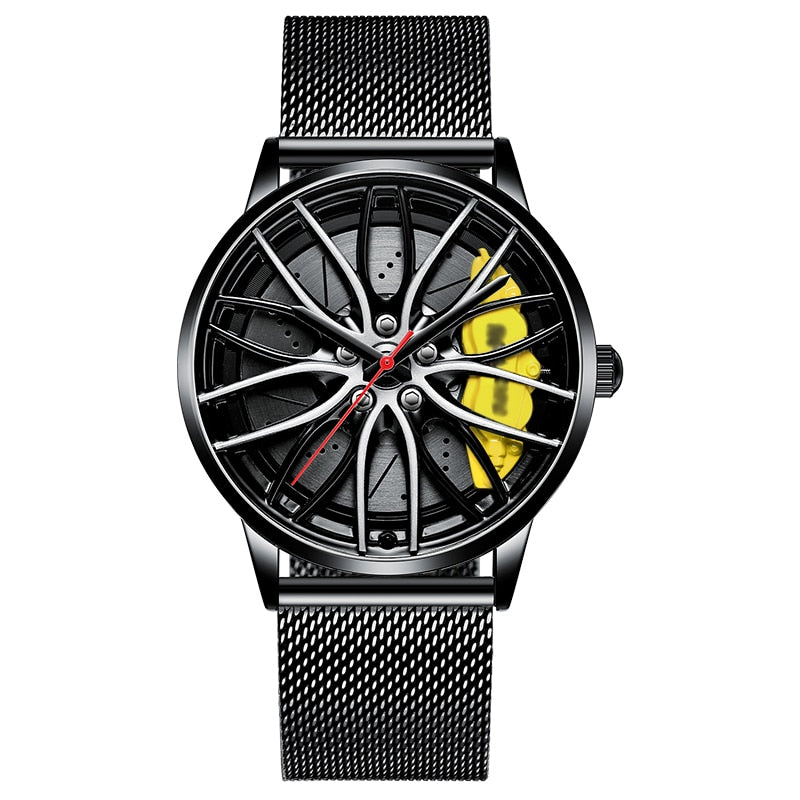 Black and yellow Sports car alloy wheel style watch in the style of your favourite car manufacturer from Fiveto.co.uk