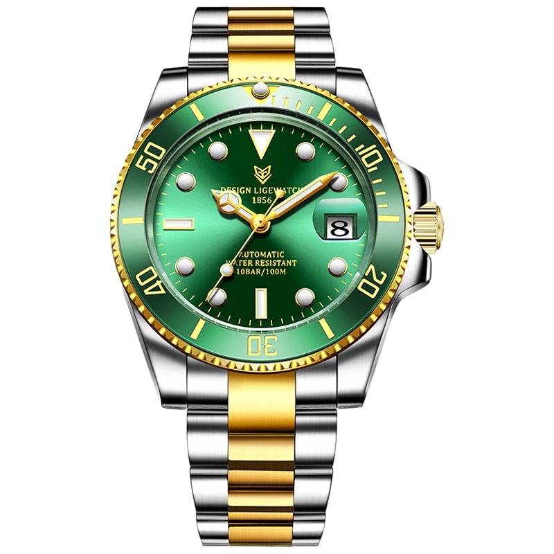 Green and Gold Lige 6801 Automatic Mechanical Sapphire Glass 316L Stainless Steel Watch from FiveTo.co.uk