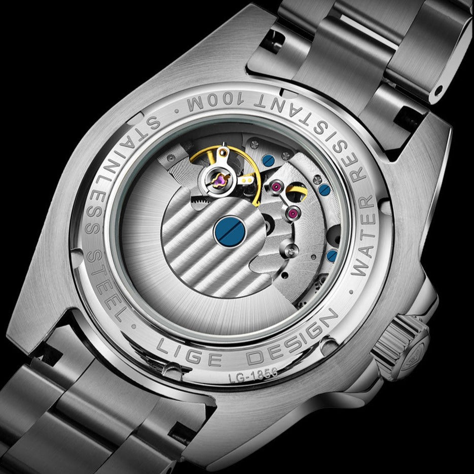 Back view of Lige 6801 Automatic Mechanical Sapphire Glass 316L Stainless Steel Watch from FiveTo.co.uk