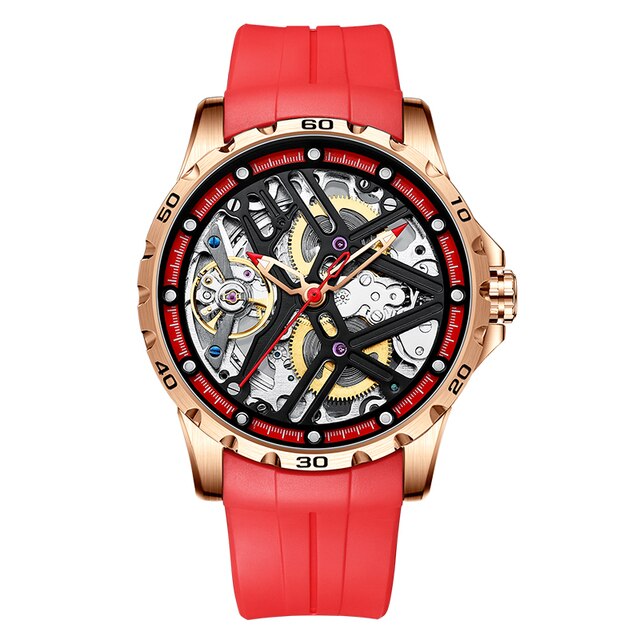 Red Silicon Ailang Mechanical Automatic Skeleton Watch with Silicone Strap from fiveto.co.uk