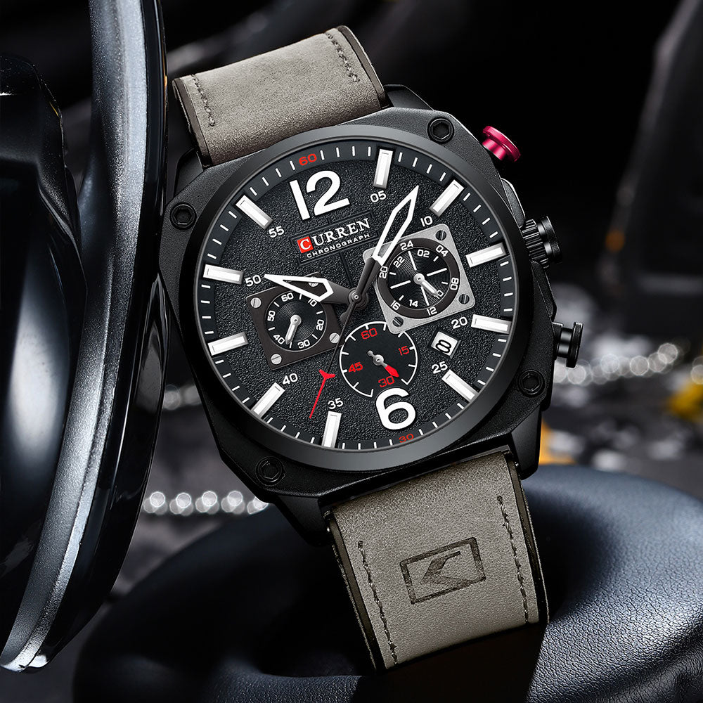 Curren 9398 Quartz Chronograph with Leather Strap. FiveTo