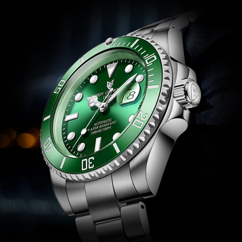 Close up of Green Lige 6801 Automatic Mechanical Sapphire Glass 316L Stainless Steel Watch from FiveTo.co.uk