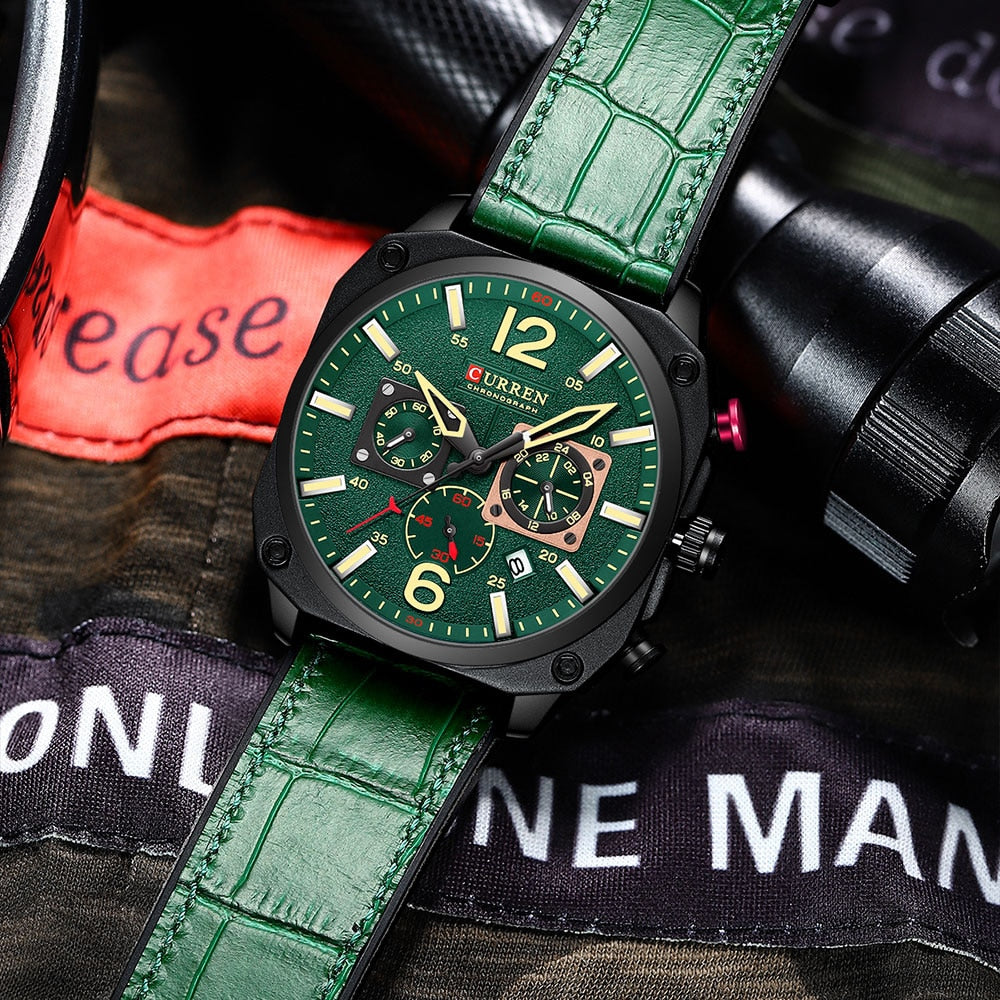 Green Curren 9398 Quartz Chronograph with Leather Strap