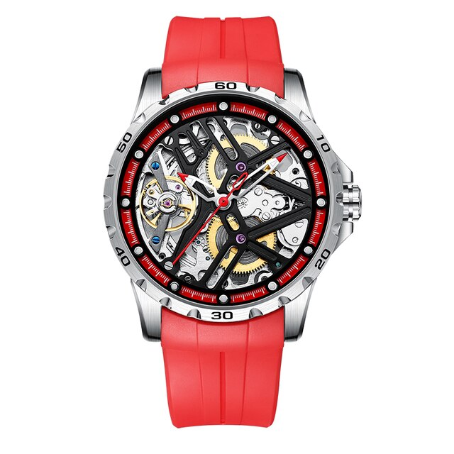 Silver/Red Silicon Ailang Mechanical Automatic Skeleton Watch with Silicone Strap from fiveto.co.uk