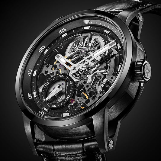 Black Jinlery Automatic Mechanical Skeleton style Watch from fiveto.co.uk
