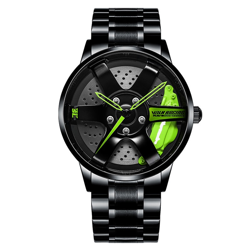 Black  and green Sports car alloy wheel style watch in the style of your favourite car manufacturer from Fiveto.co.uk