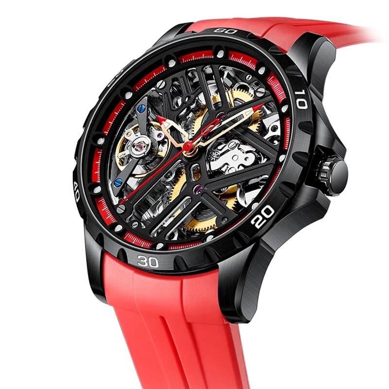 Red Ailang Mechanical Automatic Skeleton Watch with Silicone Strap from fiveto.co.uk