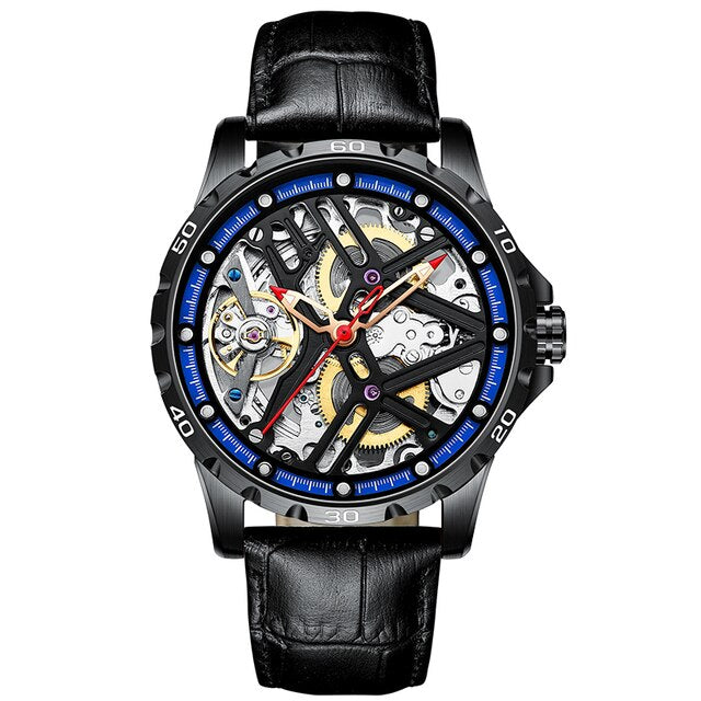 Black Leather Ailang Mechanical Automatic Skeleton Watch from fiveto.co.uk