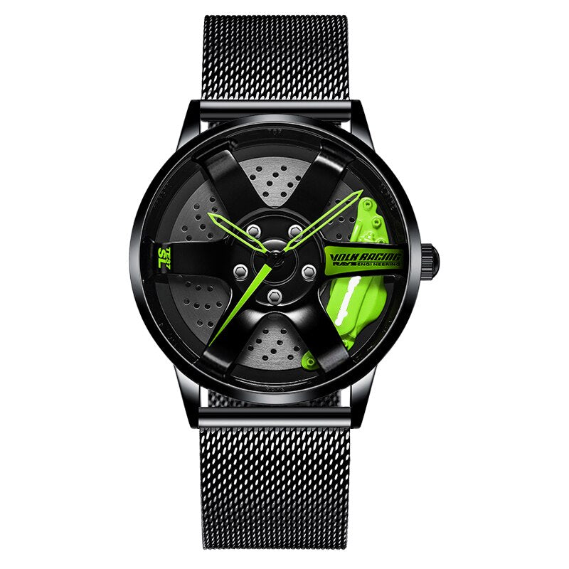 Black/Green/Mesh Sports car alloy wheel style watch in the style of your favourite car manufacturer from Fiveto.co.uk