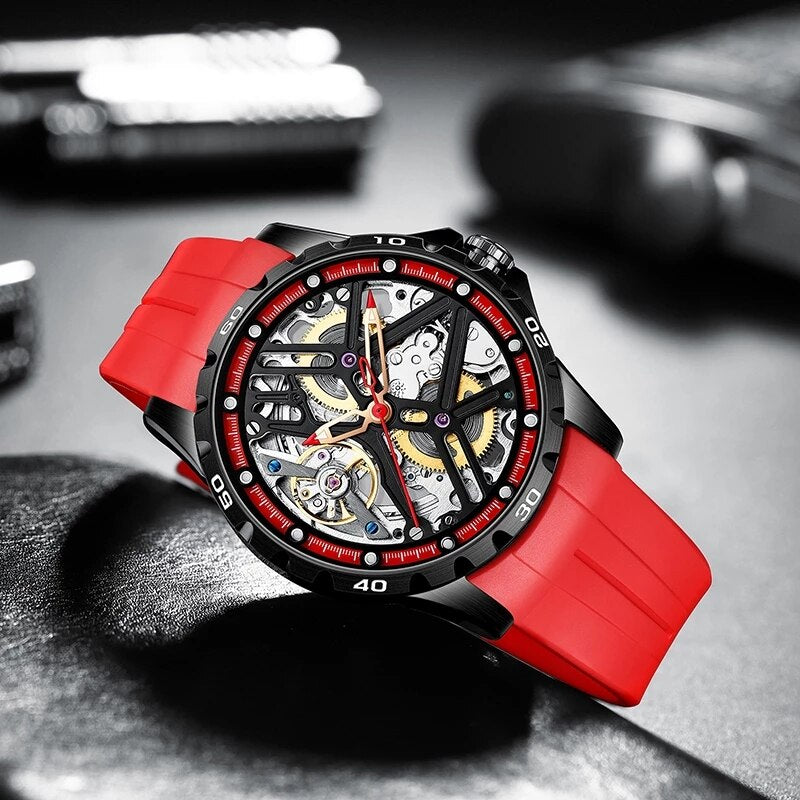 Red/Black Ailang Mechanical Automatic Skeleton Watch with Silicone Strap from fiveto.co.uk