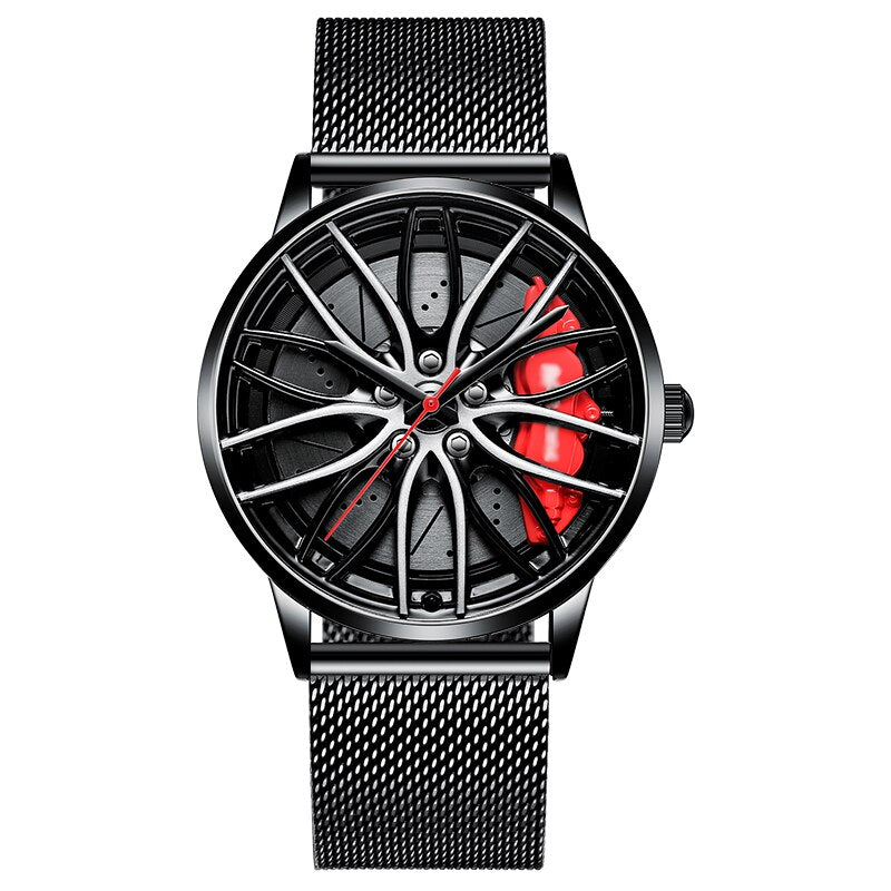 Black/Red/Mesh Sports car alloy wheel style watch in the style of your favourite car manufacturer from Fiveto.co.uk