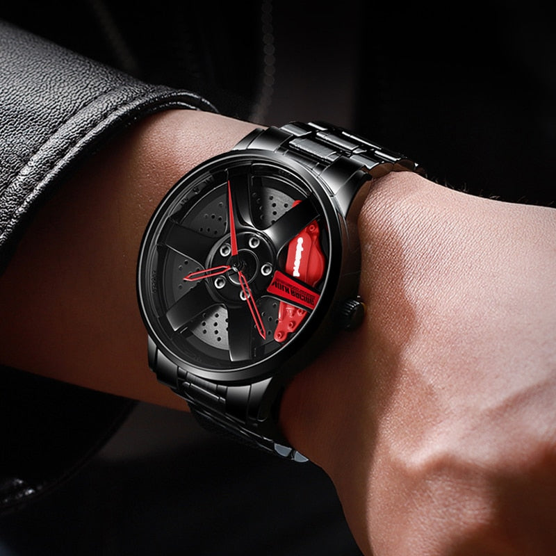 Black with red Sports car alloy wheel style watch in the style of your favourite car manufacturer from Fiveto.co.uk