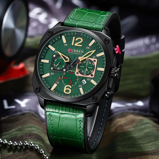 Green Curren 9398 Quartz Chronograph with Leather Strap