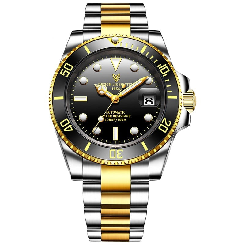 Black and Gold Lige 6801 Automatic Mechanical Sapphire Glass 316L Stainless Steel Watch from FiveTo.co.uk