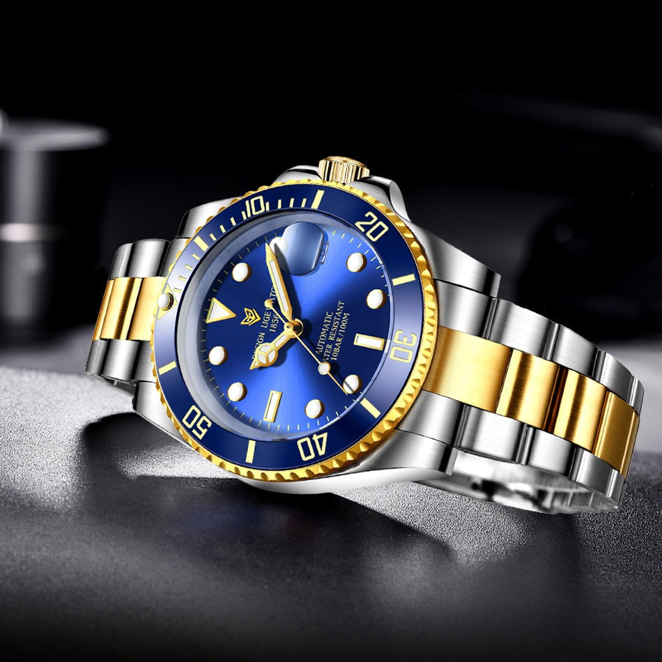 Gold/Blue Lige 6801 Automatic Mechanical Sapphire Glass 316L Stainless Steel Watch from FiveTo.co.uk