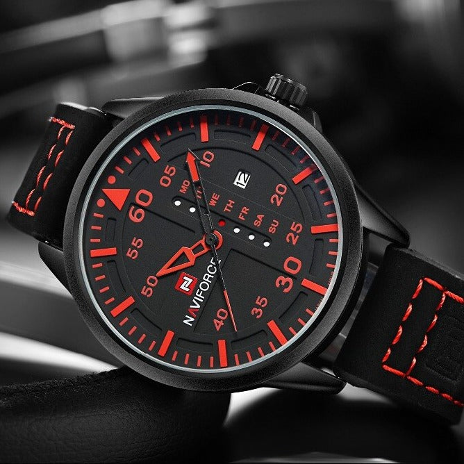 Close up red Naviforce 9074 Altimeter style Quartz Watch with Leather Strap from fiveto.co.uk
