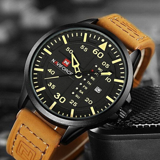 Yellow/Black Naviforce 9074 Altimeter style Quartz Watch with Leather Strap from fiveto.co.uk