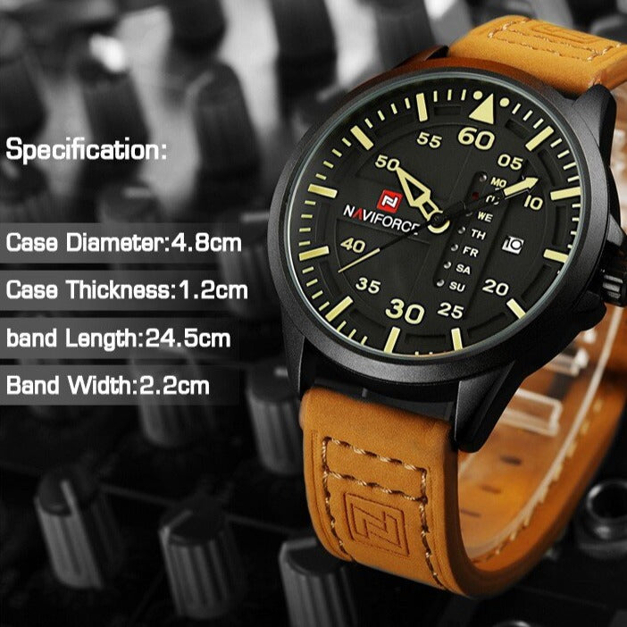 Dimensions for Naviforce 9074 Altimeter style Quartz Watch with Leather Strap from fiveto.co.uk
