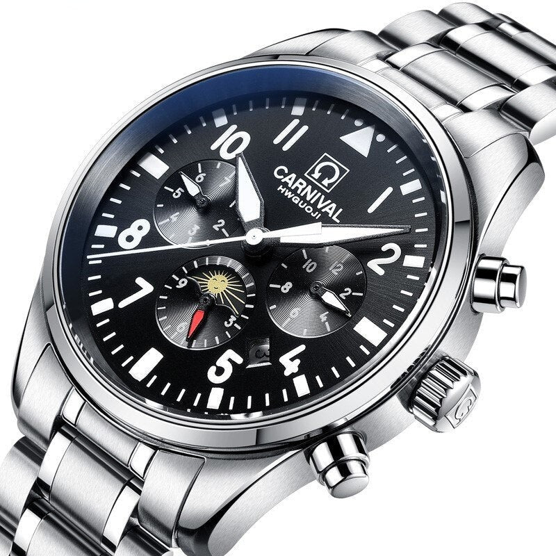 Silver version of Carnival Pilot style Automatic Mechanical Stainless Steel Watch from fiveto.co.uk