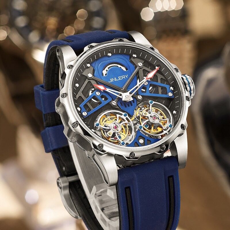 Blue Jinlery Double Tourbillon Skeleton Mechanical Watch from fiveto.co.uk