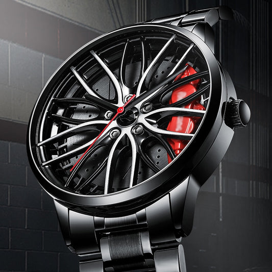Close up black and red Sports car alloy wheel style watch in the style of your favourite car manufacturer from Fiveto.co.uk