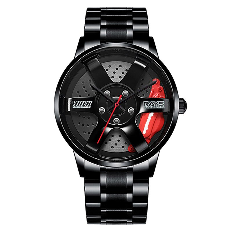 Black and red Sports car alloy wheel style watch in the style of your favourite car manufacturer from Fiveto.co.uk