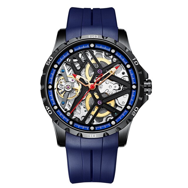 Blue/Black Ailang Mechanical Automatic Skeleton Watch with Silicone Strap from fiveto.co.uk