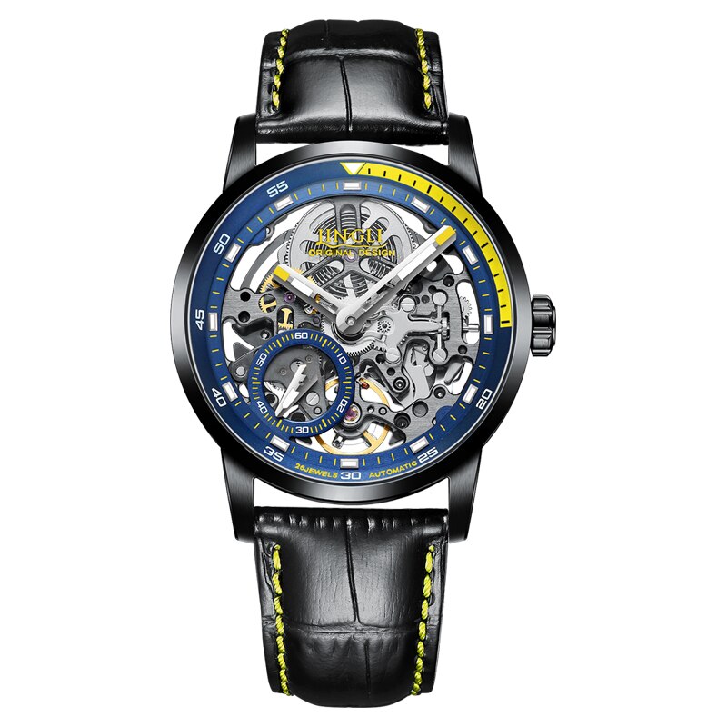 Blue/Yellow Jinlery Automatic Mechanical Skeleton style Watch from fiveto.co.uk