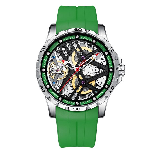 Green/Silver Ailang Mechanical Automatic Skeleton Watch with Silicone Strap from fiveto.co.uk
