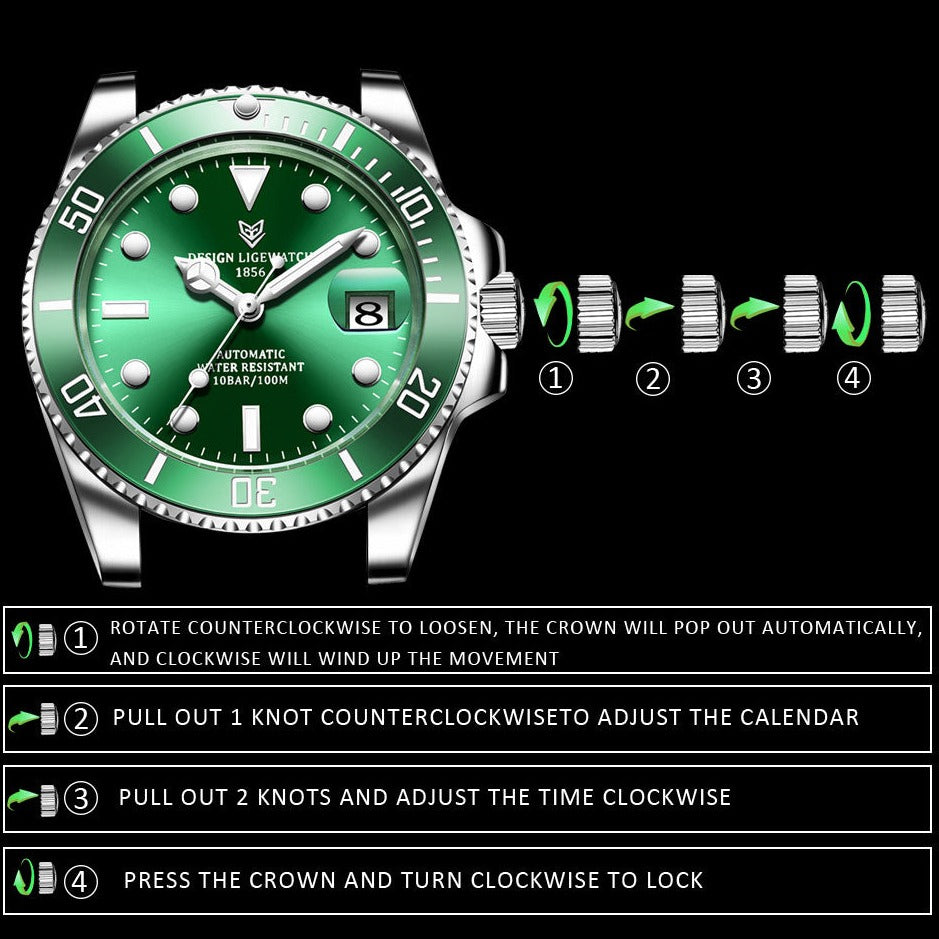 Instructions for Lige 6801 Automatic Mechanical Sapphire Glass 316L Stainless Steel Watch from FiveTo.co.uk