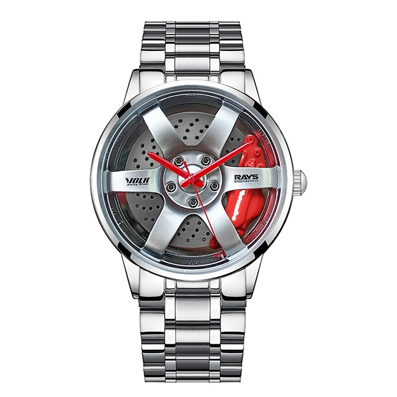 Silver and red Sports car alloy wheel style watch in the style of your favourite car manufacturer from Fiveto.co.uk