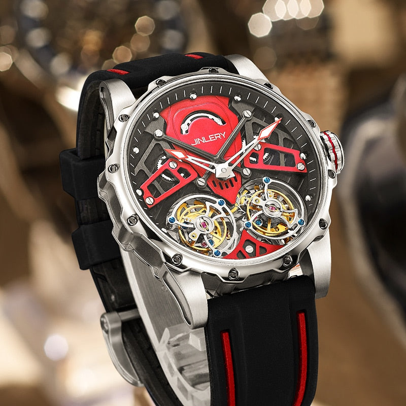 Red Jinlery Double Tourbillon Skeleton Mechanical Watch from fiveto.co.uk