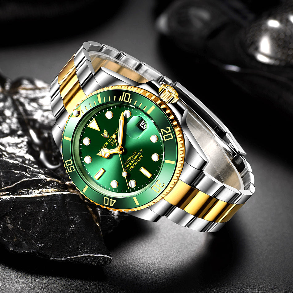 Gold/Green Lige 6801 Automatic Mechanical Sapphire Glass 316L Stainless Steel Watch from FiveTo.co.uk