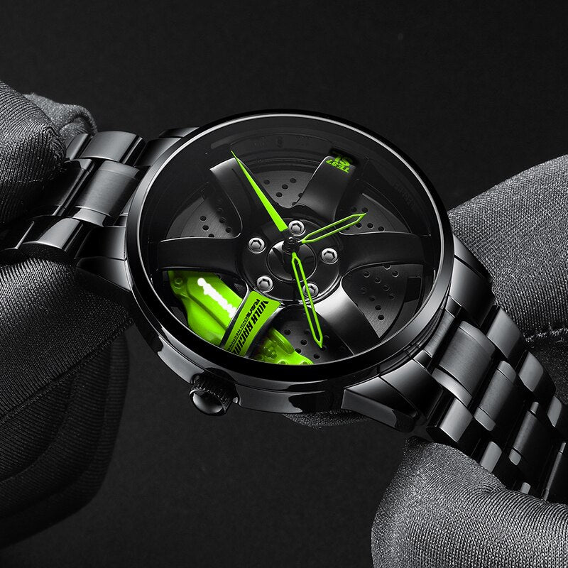 Close Up Black/Green Sports car alloy wheel style watch in the style of your favourite car manufacturer from Fiveto.co.uk