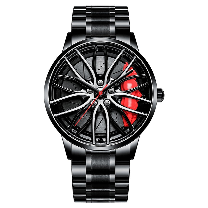Black with metal strap Sports car alloy wheel style watch in the style of your favourite car manufacturer from Fiveto.co.uk