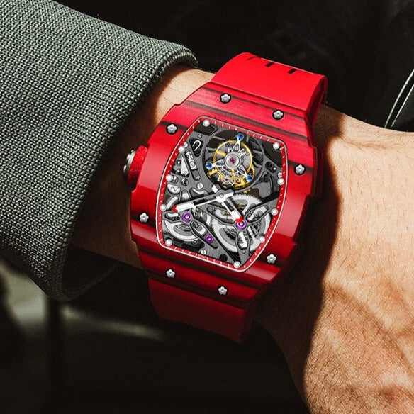 Red on Wrist Haofa 1901 Skeleton Tourbillon Mechanical Movement with Carbon Fibre and Titanium Case from fiveto.co.uk
