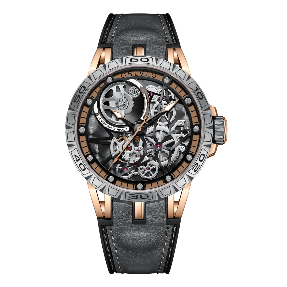 Silver/Rose Oblvlo LM Skeleton Sport, Automatic Self-Wind Mechanical Watch from fiveto.co.uk