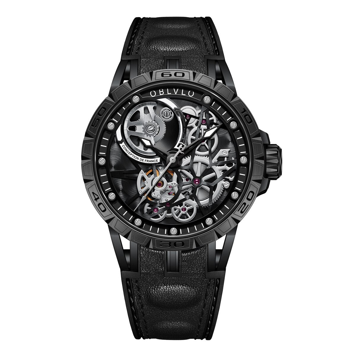 Black Oblvlo LM Skeleton Sport, Automatic Self-Wind Mechanical Watch from fiveto.co.uk