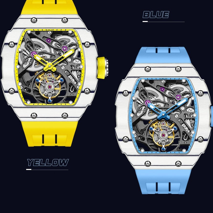 Blue and yellow Haofa 1901 Skeleton Tourbillon Mechanical Movement with Carbon Fibre and Titanium Case from fiveto.co.uk